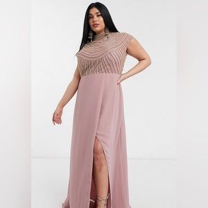 ASOS DESIGN Curve Maxi linear embellished bodice dress, high neck wrap skirt.